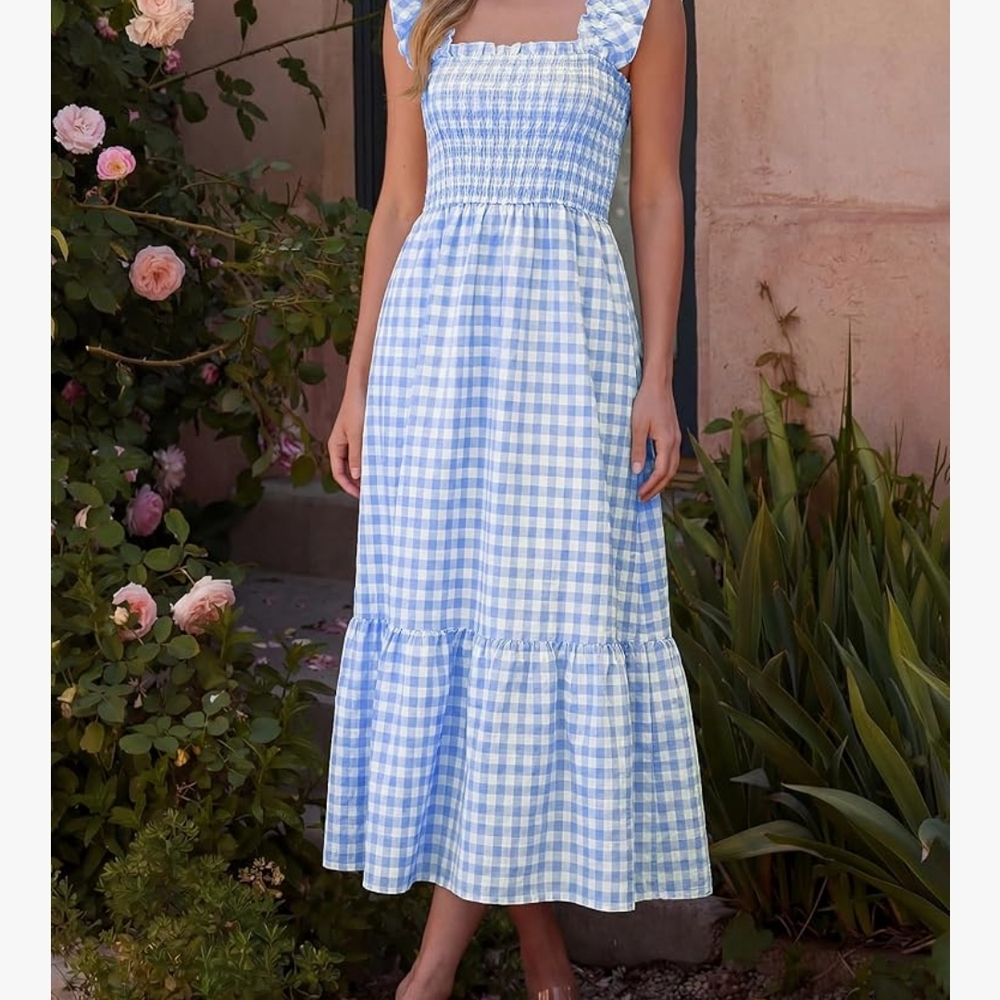 Amazon Blue Checkered Maxi Dress